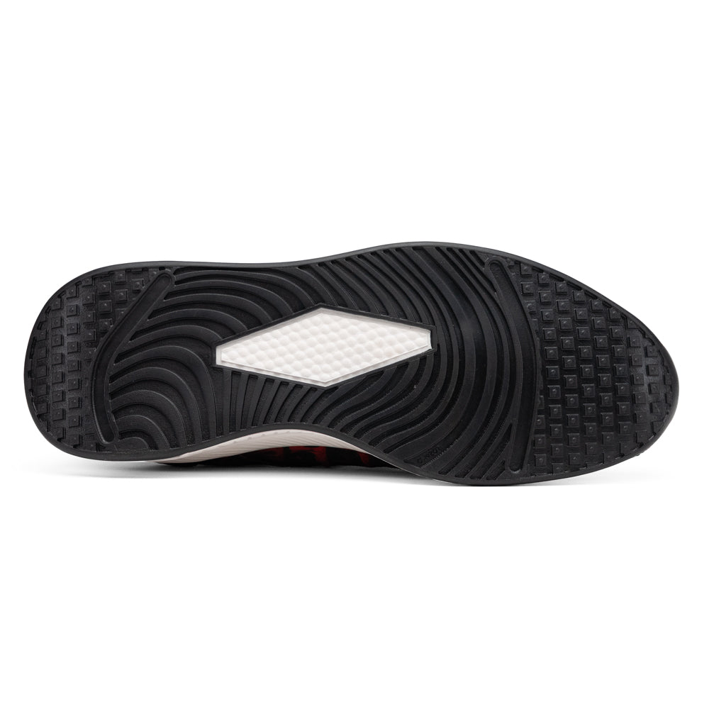Marco Di Milano Tuscani Rustic Red sneaker in red and black textured exotic leather with a white foam midsole and black rubber outsole.