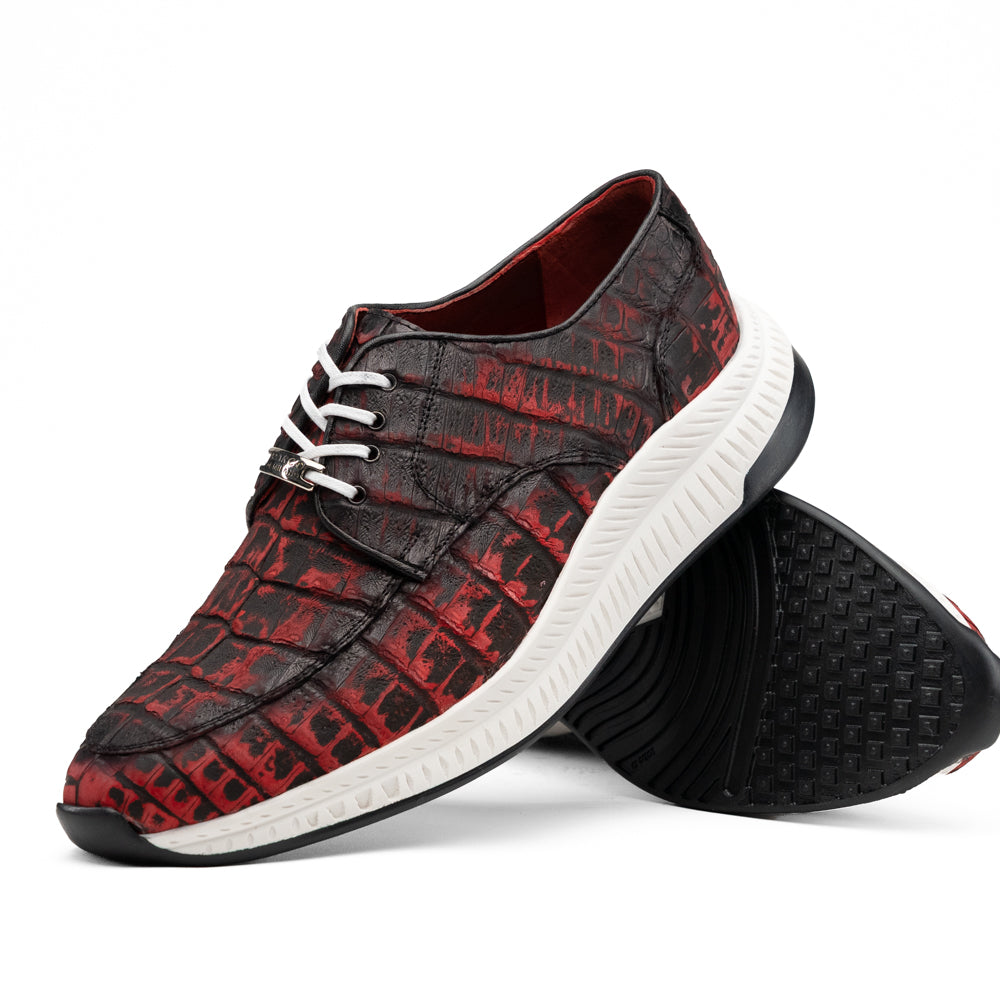 Marco Di Milano Tuscani Rustic Red sneaker in red and black textured exotic leather with a white foam midsole and black rubber outsole.