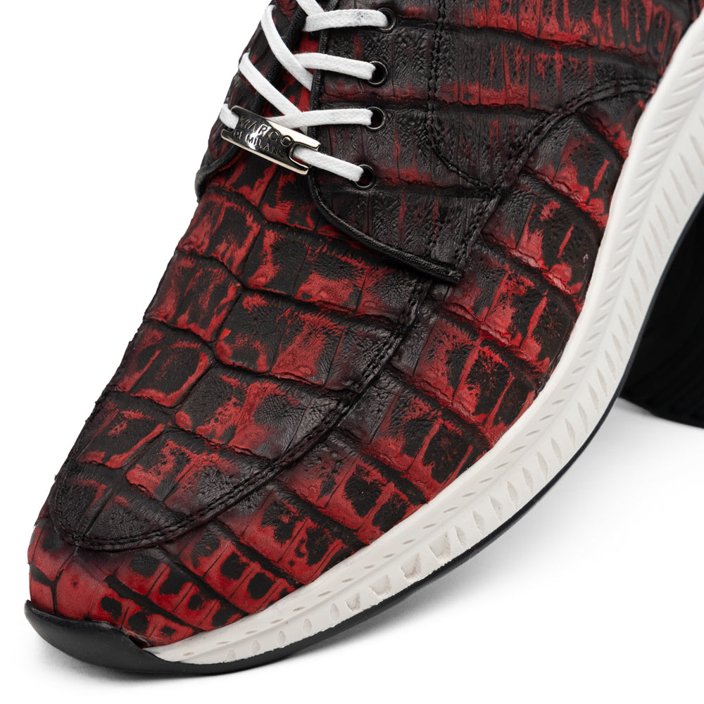 Marco Di Milano Tuscani Rustic Red sneaker in red and black textured exotic leather with a white foam midsole and black rubber outsole.