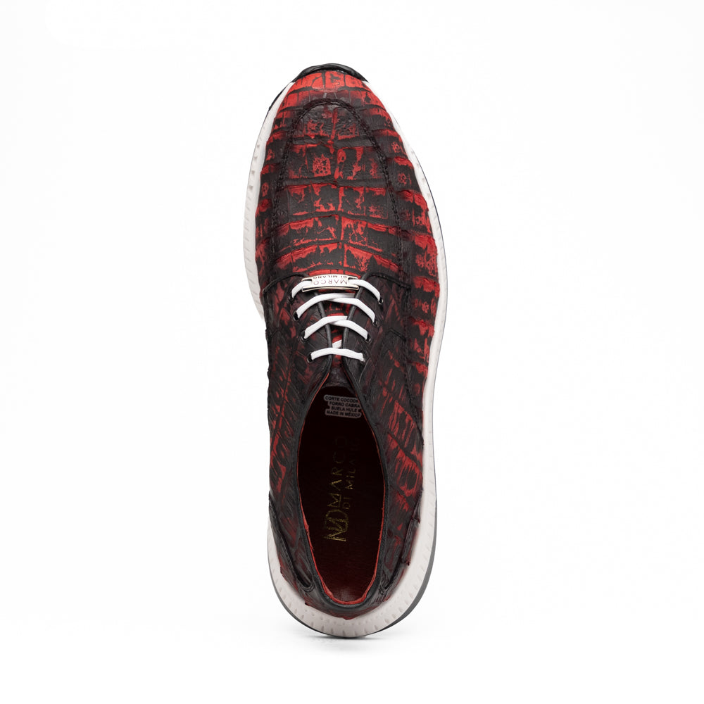 Marco Di Milano Tuscani Rustic Red sneaker in red and black textured exotic leather with a white foam midsole and black rubber outsole.