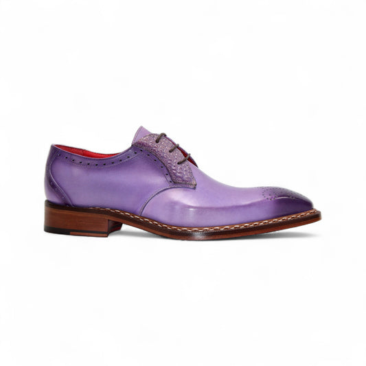 The Fennix of Italy Fennix Tyler Lavender is a single purple leather dress shoe with brogue detailing, Italian craftsmanship, red inner lining, and a brown leather sole, shown on a white background.