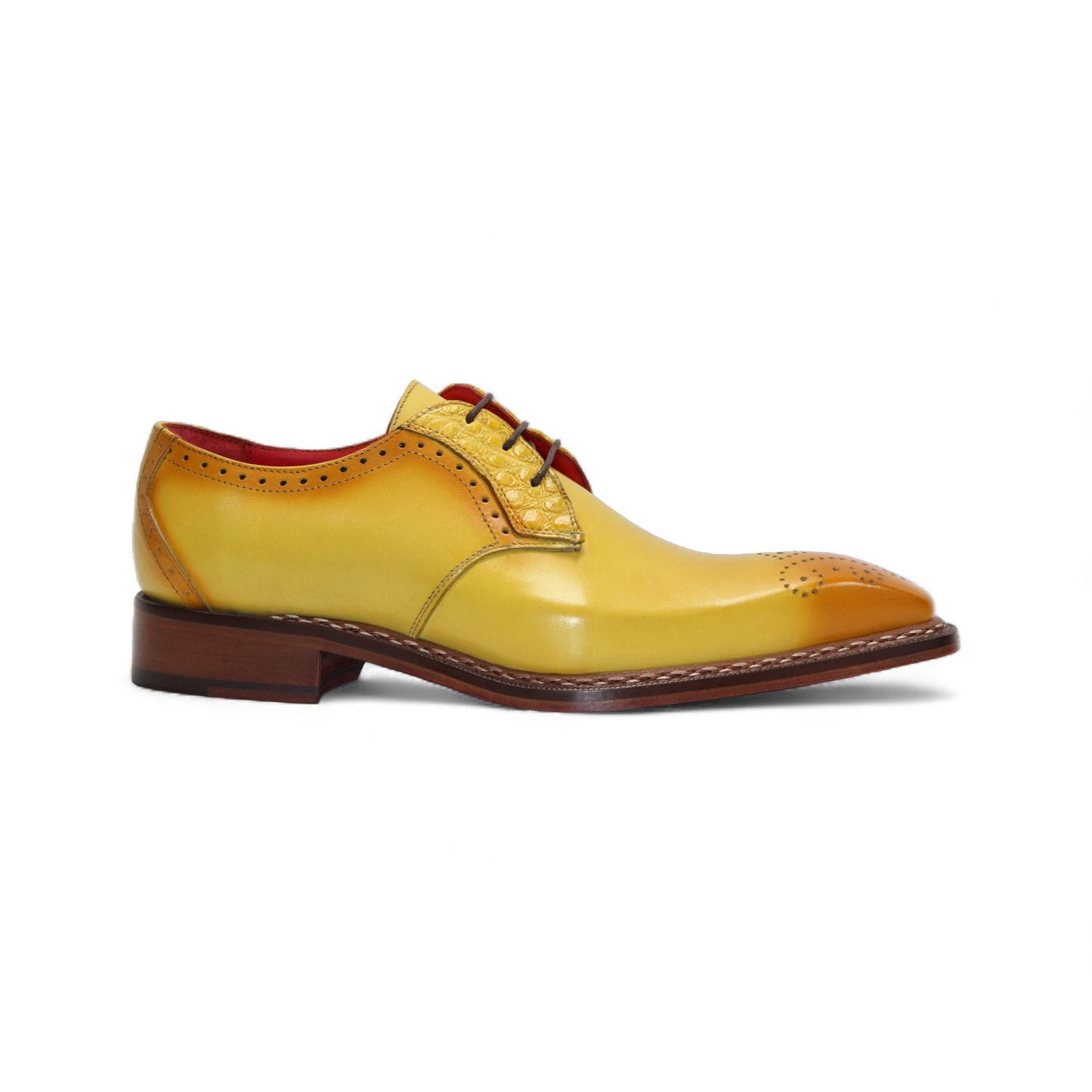 The Fennix Tyler Yellow by Fennix of Italy is a yellow leather oxford dress shoe with brown detailing, red laces, a low wooden heel, and a premium leather sole, photographed on a white background.