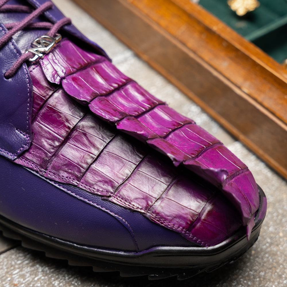 Introducing Udine Purple by Marco Di Milano, these luxury men’s leather dress shoes feature a striking purple hue with a distinctive textured ribbed front design and sturdy black rubber soles, seamlessly blending classic elegance with modern style.