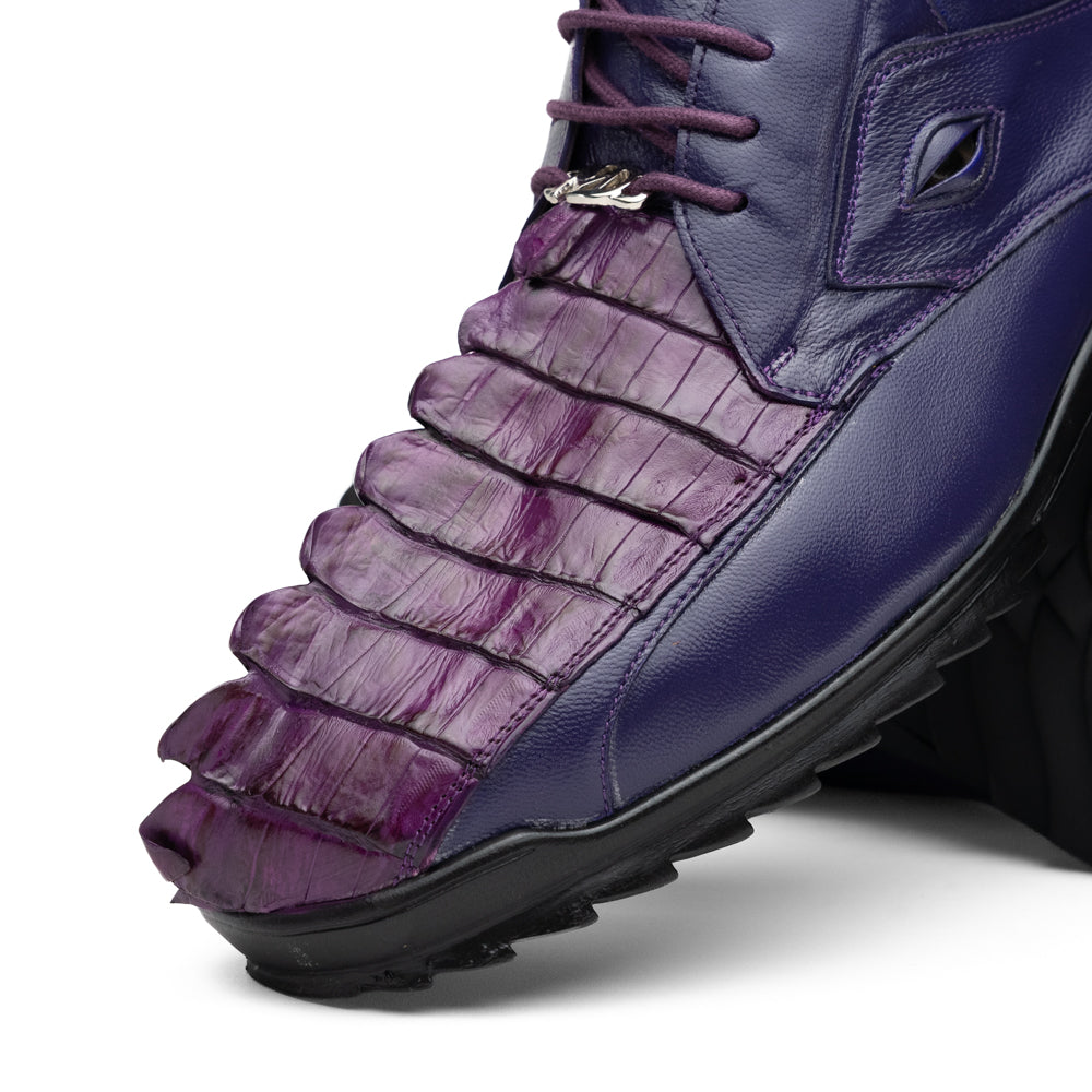 Introducing Udine Purple by Marco Di Milano, these luxury men’s leather dress shoes feature a striking purple hue with a distinctive textured ribbed front design and sturdy black rubber soles, seamlessly blending classic elegance with modern style.