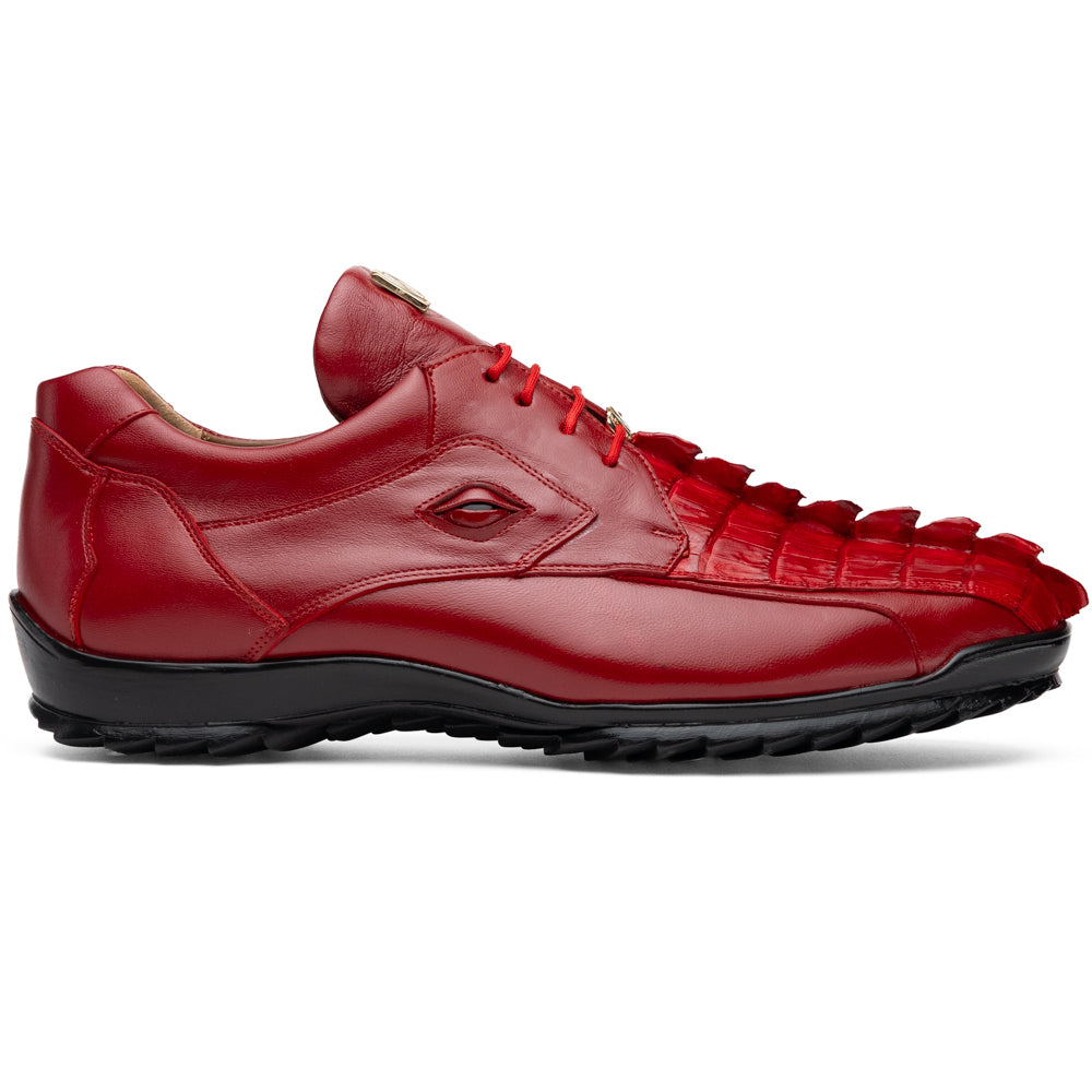 A pair of Marco Di Milano Udine Red glossy hornback caiman sneakers with lace-up fronts, featuring textured detailing and black rubber soles, one luxury men’s sneaker resting elegantly on the other.