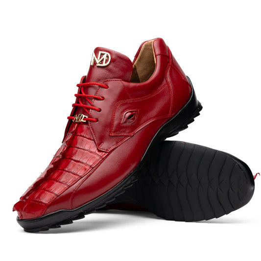 A pair of Marco Di Milano Udine Red glossy hornback caiman sneakers with lace-up fronts, featuring textured detailing and black rubber soles, one luxury men’s sneaker resting elegantly on the other.