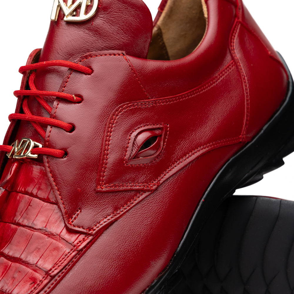 A pair of Marco Di Milano Udine Red glossy hornback caiman sneakers with lace-up fronts, featuring textured detailing and black rubber soles, one luxury men’s sneaker resting elegantly on the other.