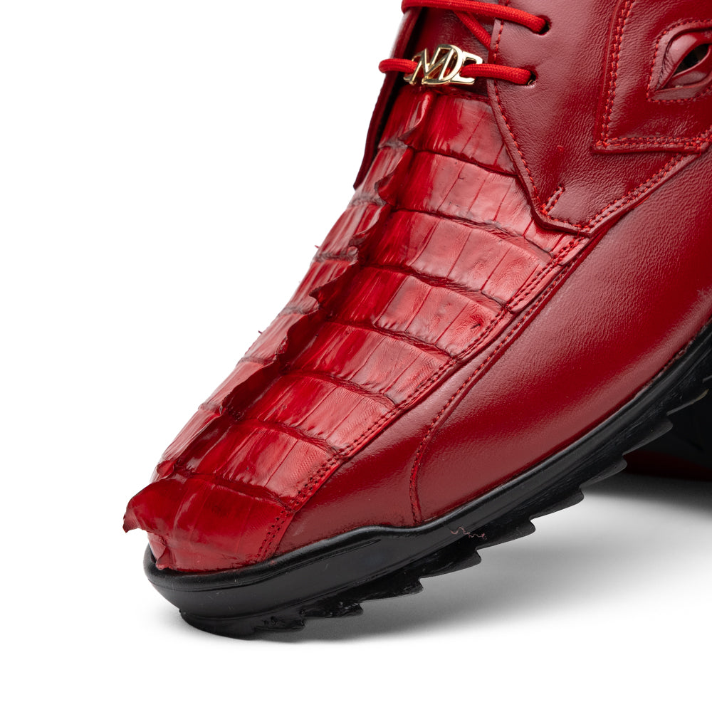 A pair of Marco Di Milano Udine Red glossy hornback caiman sneakers with lace-up fronts, featuring textured detailing and black rubber soles, one luxury men’s sneaker resting elegantly on the other.