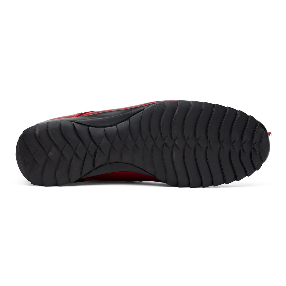 A pair of Marco Di Milano Udine Red glossy hornback caiman sneakers with lace-up fronts, featuring textured detailing and black rubber soles, one luxury men’s sneaker resting elegantly on the other.