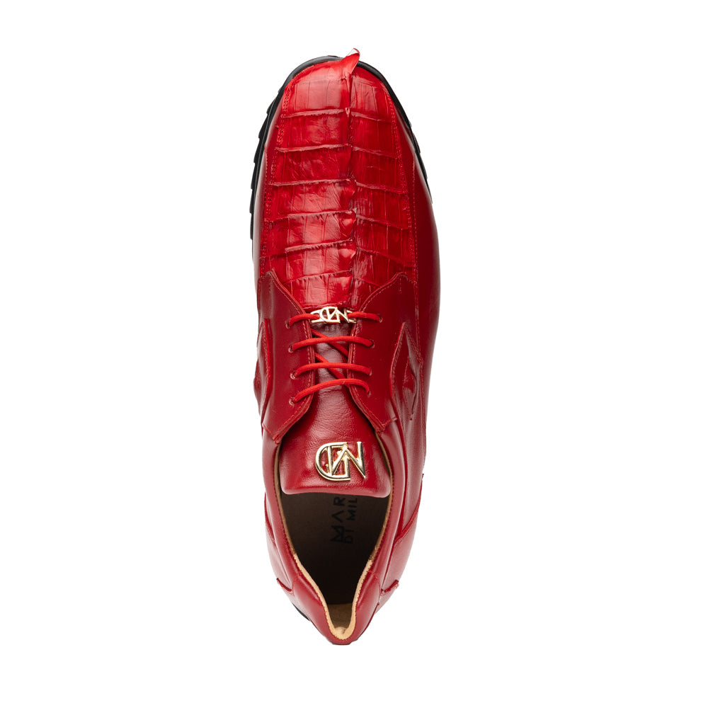 A pair of Marco Di Milano Udine Red glossy hornback caiman sneakers with lace-up fronts, featuring textured detailing and black rubber soles, one luxury men’s sneaker resting elegantly on the other.