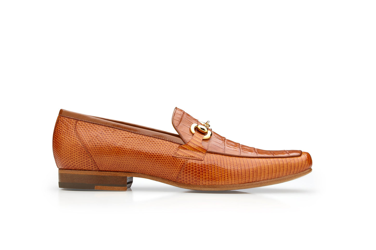The BELVEDERE Udine loafer, crafted from genuine caiman crocodile and lizard in Antique Brandy, features a textured pattern, gold-toned bit, and leather sole, shown in profile on a white background.