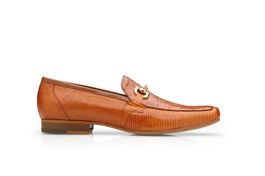 The BELVEDERE Udine loafer, crafted from genuine caiman crocodile and lizard in Antique Brandy, features a textured pattern, gold-toned bit, and leather sole, shown in profile on a white background.