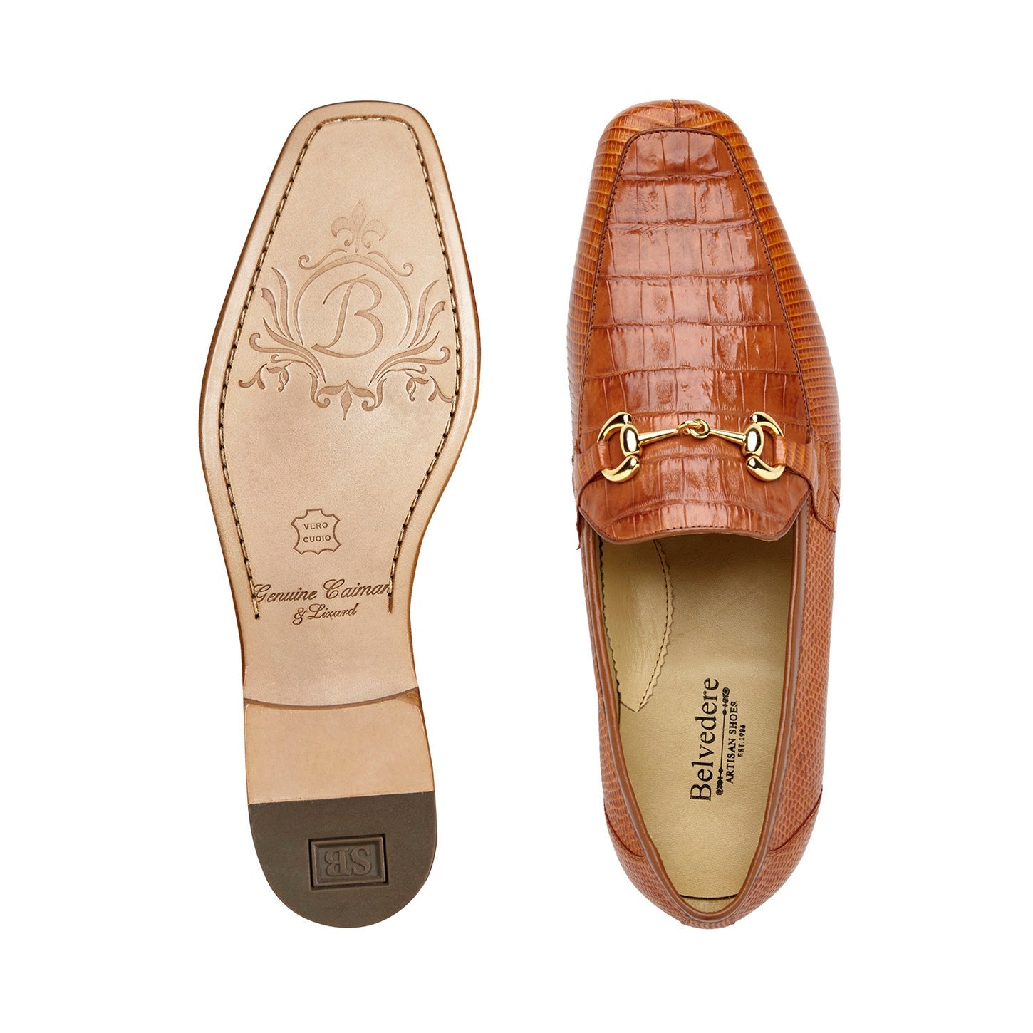 The BELVEDERE Udine loafer, crafted from genuine caiman crocodile and lizard in Antique Brandy, features a textured pattern, gold-toned bit, and leather sole, shown in profile on a white background.