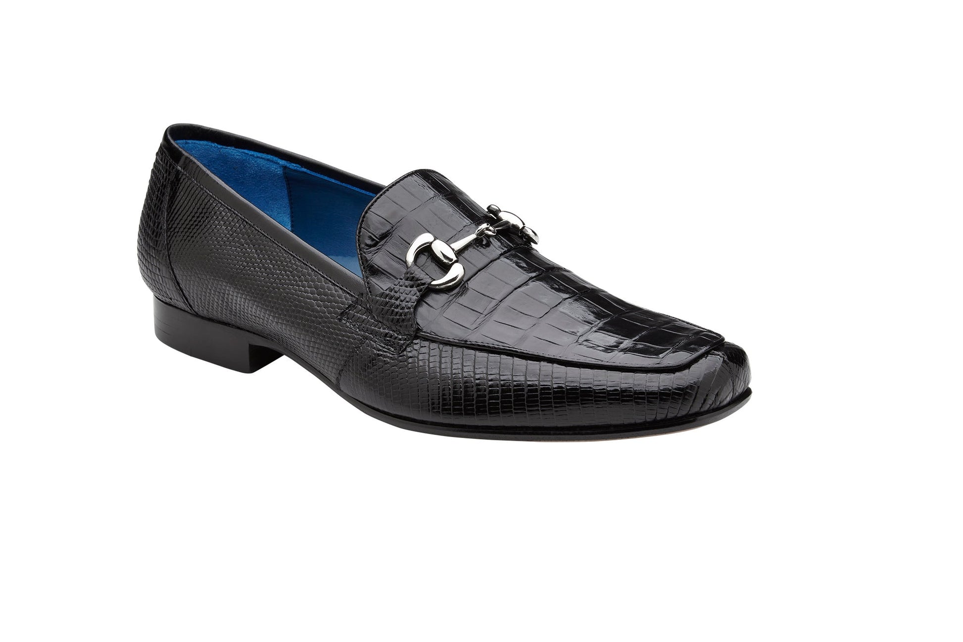 BELVEDERE's Belvedere - Udine loafer, style 1030, showcases genuine black caiman crocodile and lizard leather with a textured finish, metal bit ornament, and sleek leather sole, displayed in side profile on a white background.