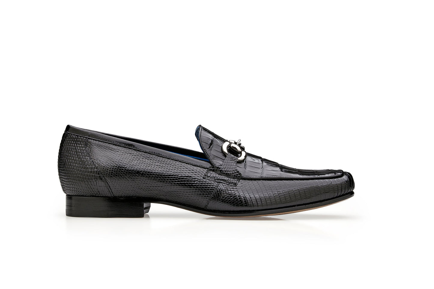 BELVEDERE's Belvedere - Udine loafer, style 1030, showcases genuine black caiman crocodile and lizard leather with a textured finish, metal bit ornament, and sleek leather sole, displayed in side profile on a white background.