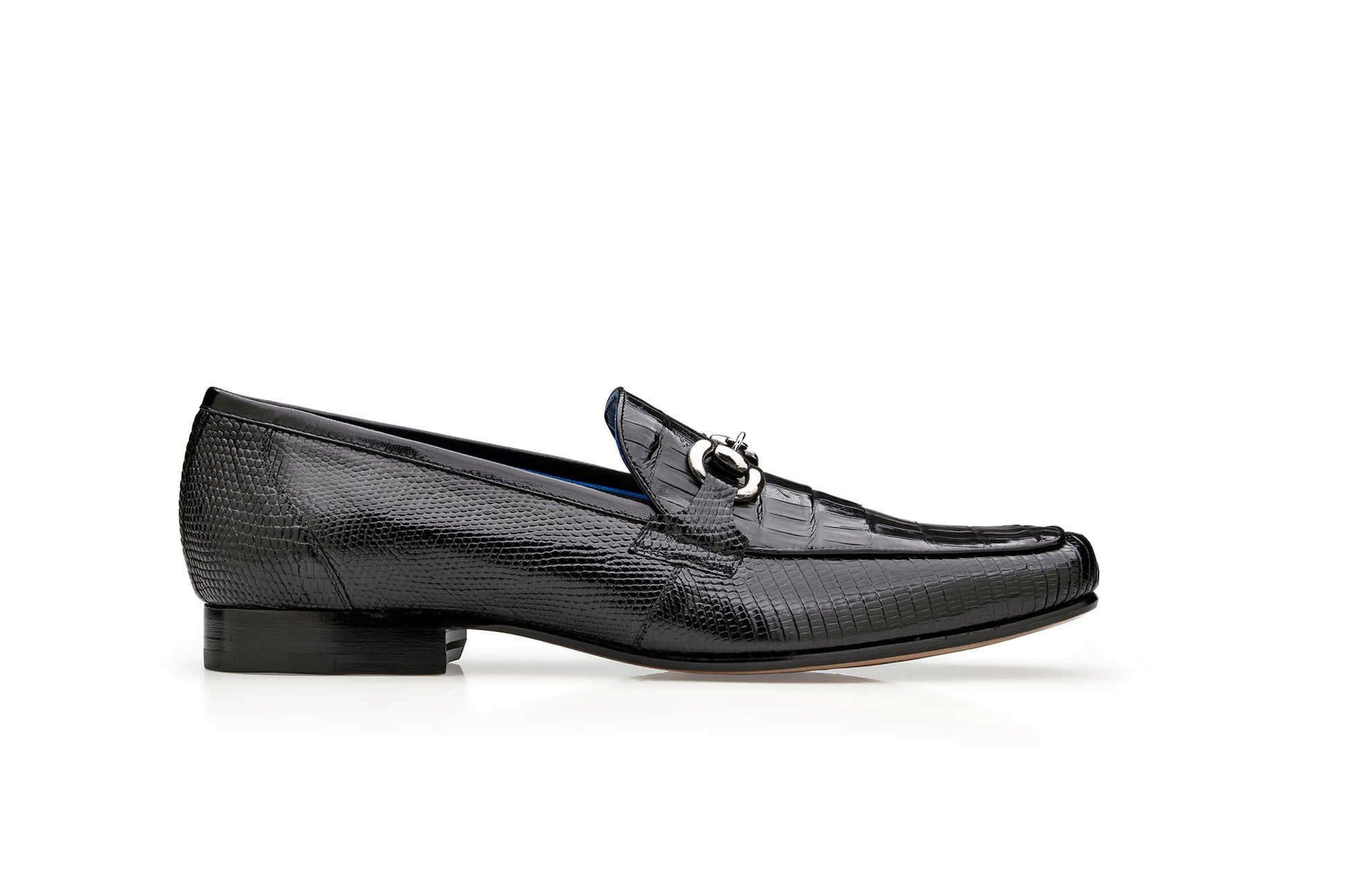 BELVEDERE's Belvedere - Udine loafer, style 1030, showcases genuine black caiman crocodile and lizard leather with a textured finish, metal bit ornament, and sleek leather sole, displayed in side profile on a white background.