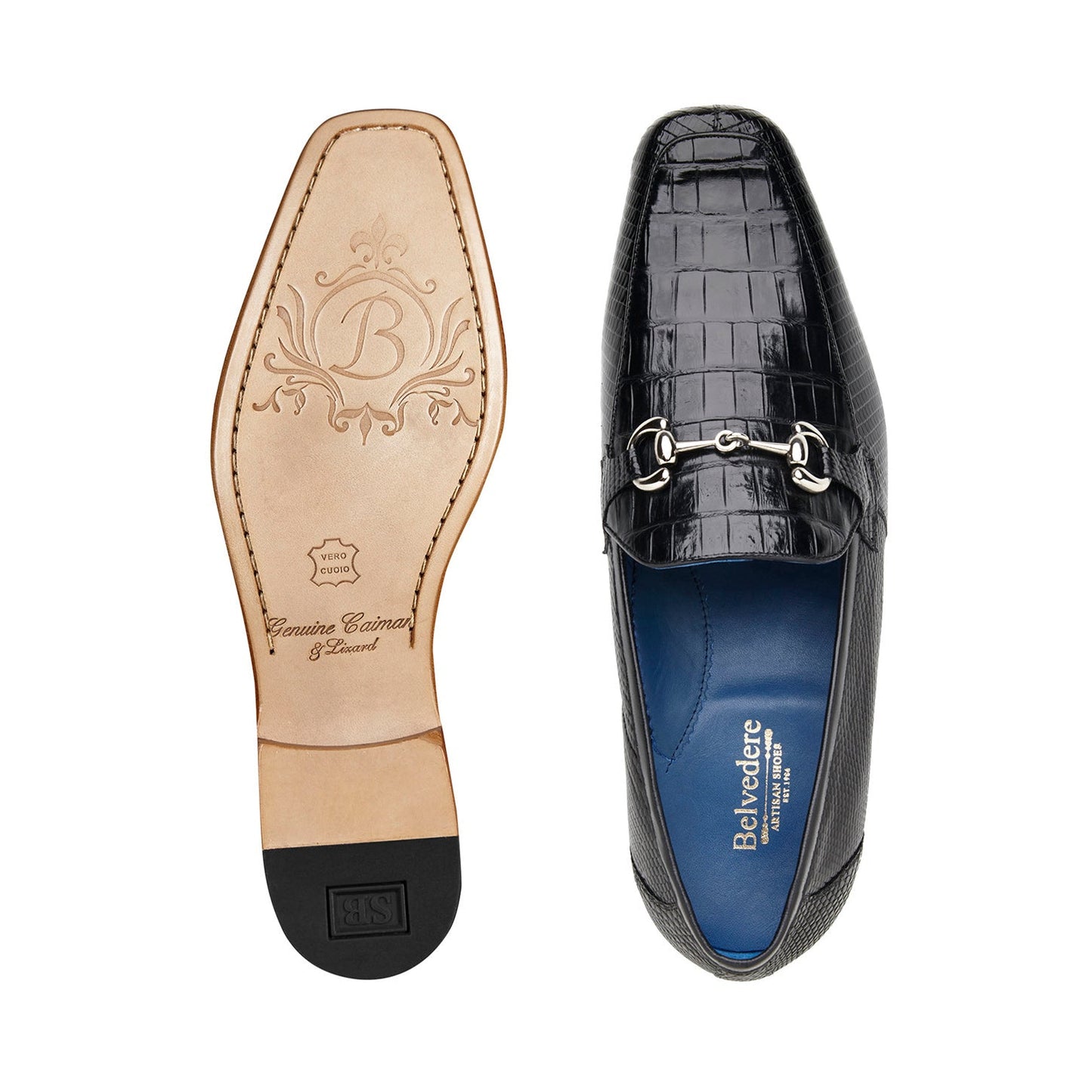 BELVEDERE's Belvedere - Udine loafer, style 1030, showcases genuine black caiman crocodile and lizard leather with a textured finish, metal bit ornament, and sleek leather sole, displayed in side profile on a white background.