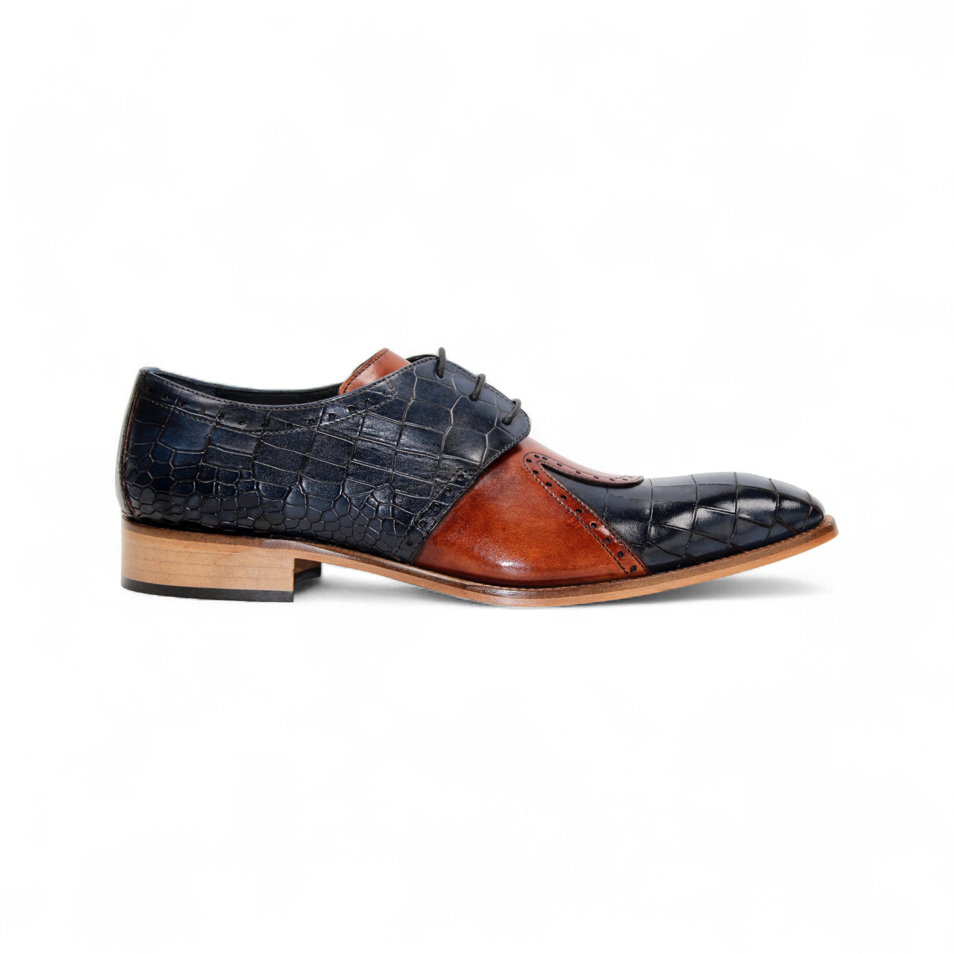 The Duca Di Matiste Duca Valentano Navy/Brandy is a men’s dress shoe in navy with brandy accents, crafted from genuine leather with croco embossing, laces, and a wooden sole, shown in profile against a white background.