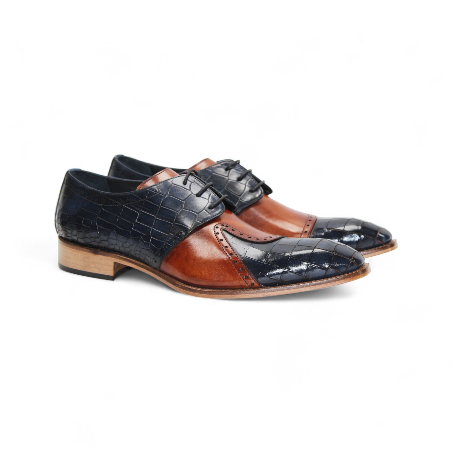 The Duca Di Matiste Duca Valentano Navy/Brandy is a men’s dress shoe in navy with brandy accents, crafted from genuine leather with croco embossing, laces, and a wooden sole, shown in profile against a white background.