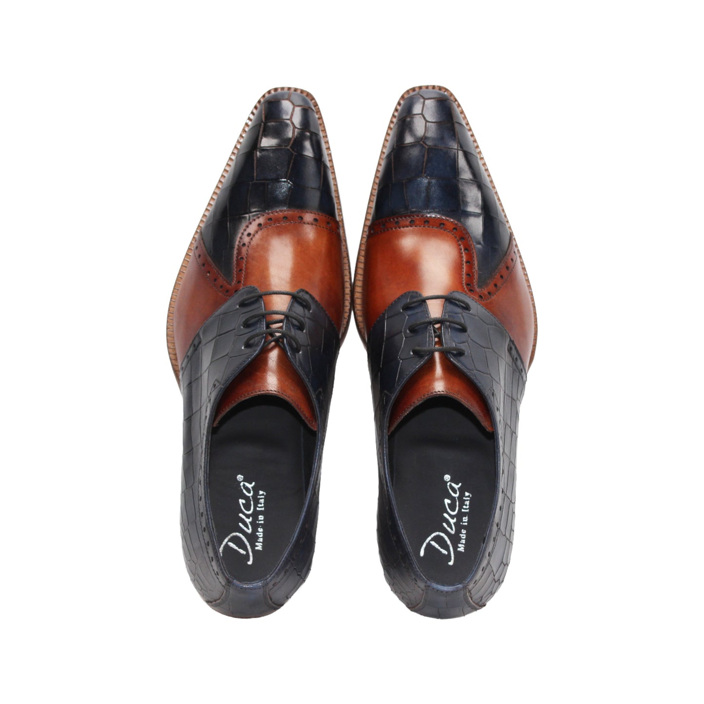 The Duca Di Matiste Duca Valentano Navy/Brandy is a men’s dress shoe in navy with brandy accents, crafted from genuine leather with croco embossing, laces, and a wooden sole, shown in profile against a white background.