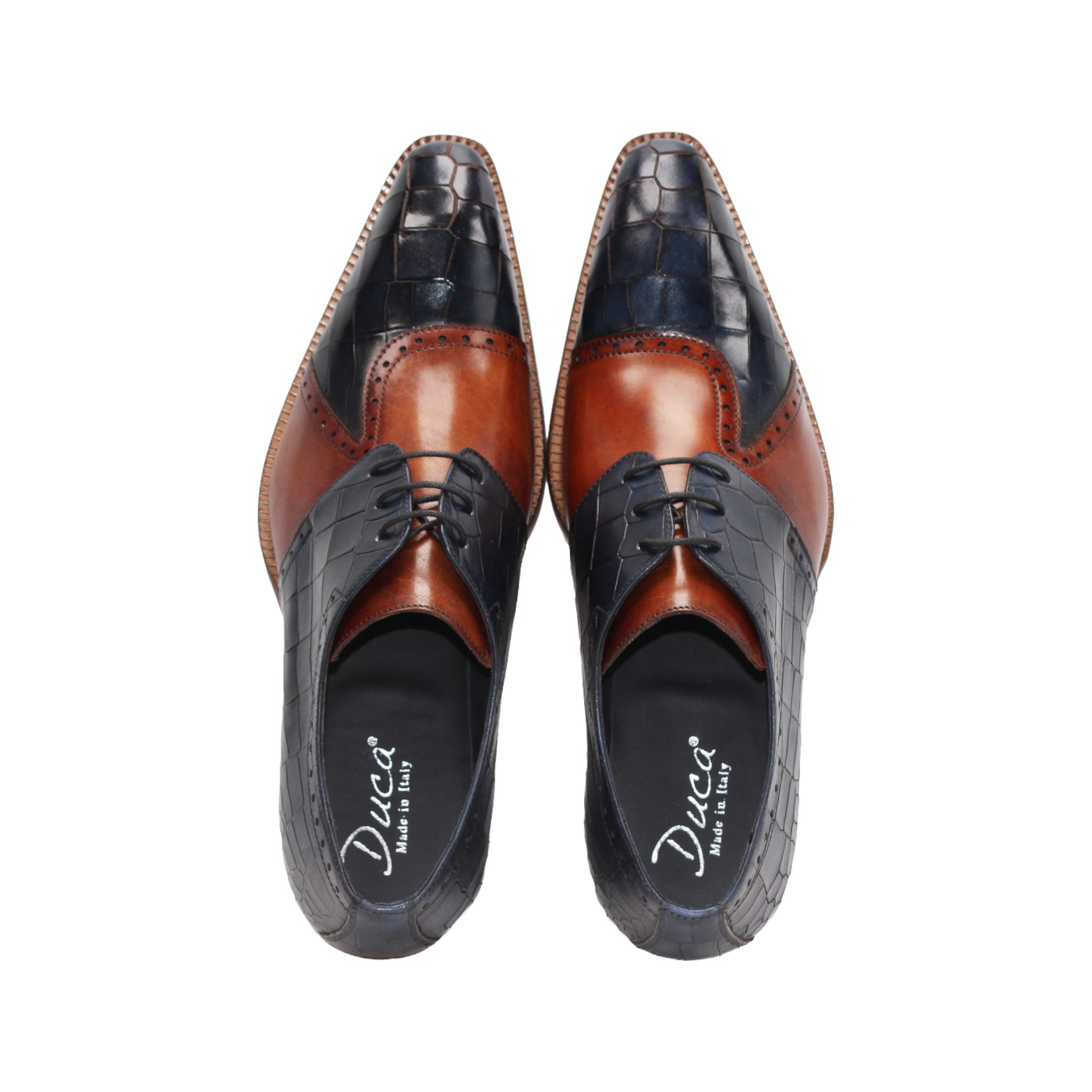 The Duca Di Matiste Duca Valentano Navy/Brandy is a men’s dress shoe in navy with brandy accents, crafted from genuine leather with croco embossing, laces, and a wooden sole, shown in profile against a white background.