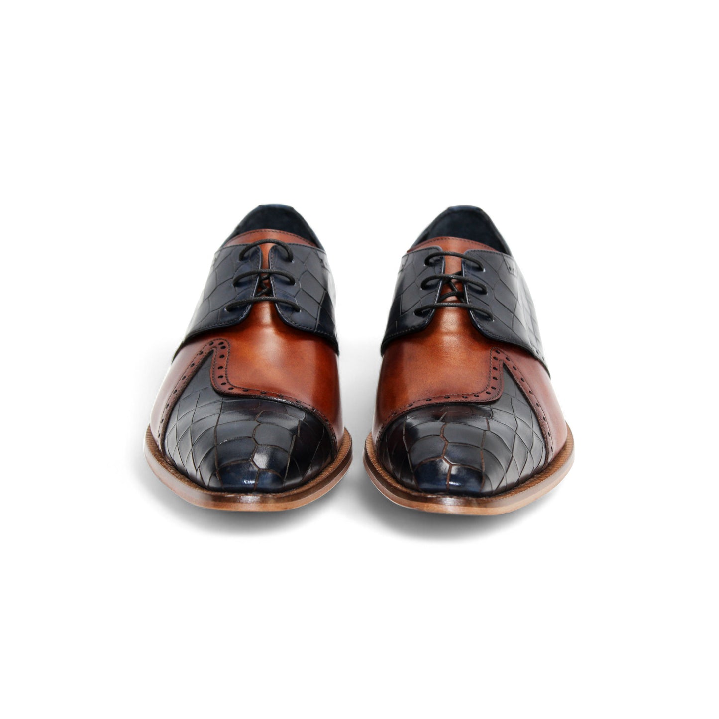 The Duca Di Matiste Duca Valentano Navy/Brandy is a men’s dress shoe in navy with brandy accents, crafted from genuine leather with croco embossing, laces, and a wooden sole, shown in profile against a white background.