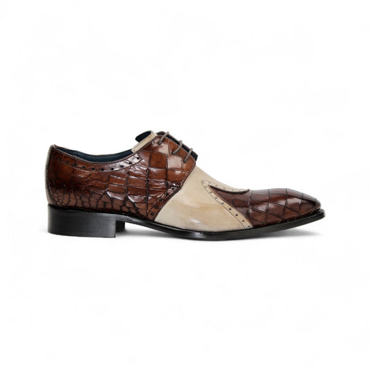 The Duca Di Matiste Duca Valentano Brown/Beige men's dress shoe features genuine leather with brown croco embossing and a beige suede panel, displayed side view on a white background.