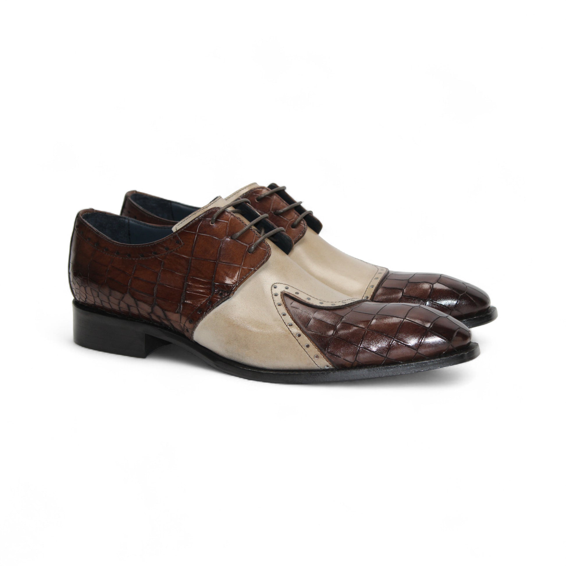 The Duca Di Matiste Duca Valentano Brown/Beige men's dress shoe features genuine leather with brown croco embossing and a beige suede panel, displayed side view on a white background.