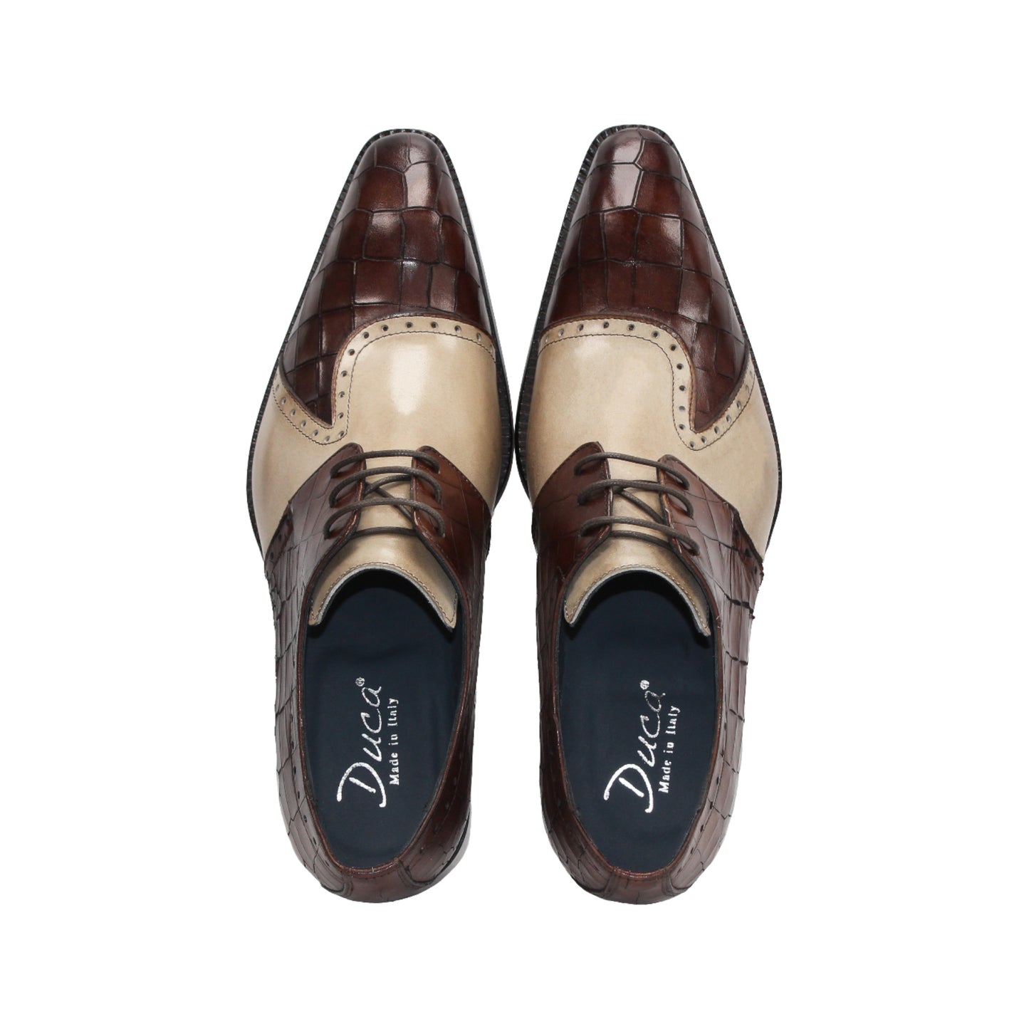 The Duca Di Matiste Duca Valentano Brown/Beige men's dress shoe features genuine leather with brown croco embossing and a beige suede panel, displayed side view on a white background.