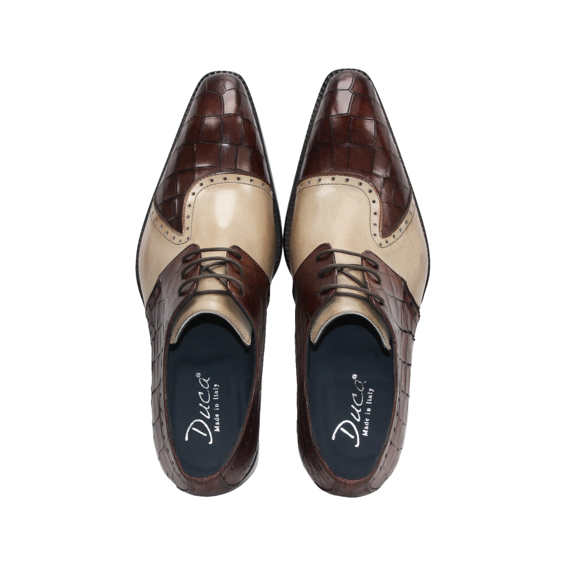 The Duca Di Matiste Duca Valentano Brown/Beige men's dress shoe features genuine leather with brown croco embossing and a beige suede panel, displayed side view on a white background.