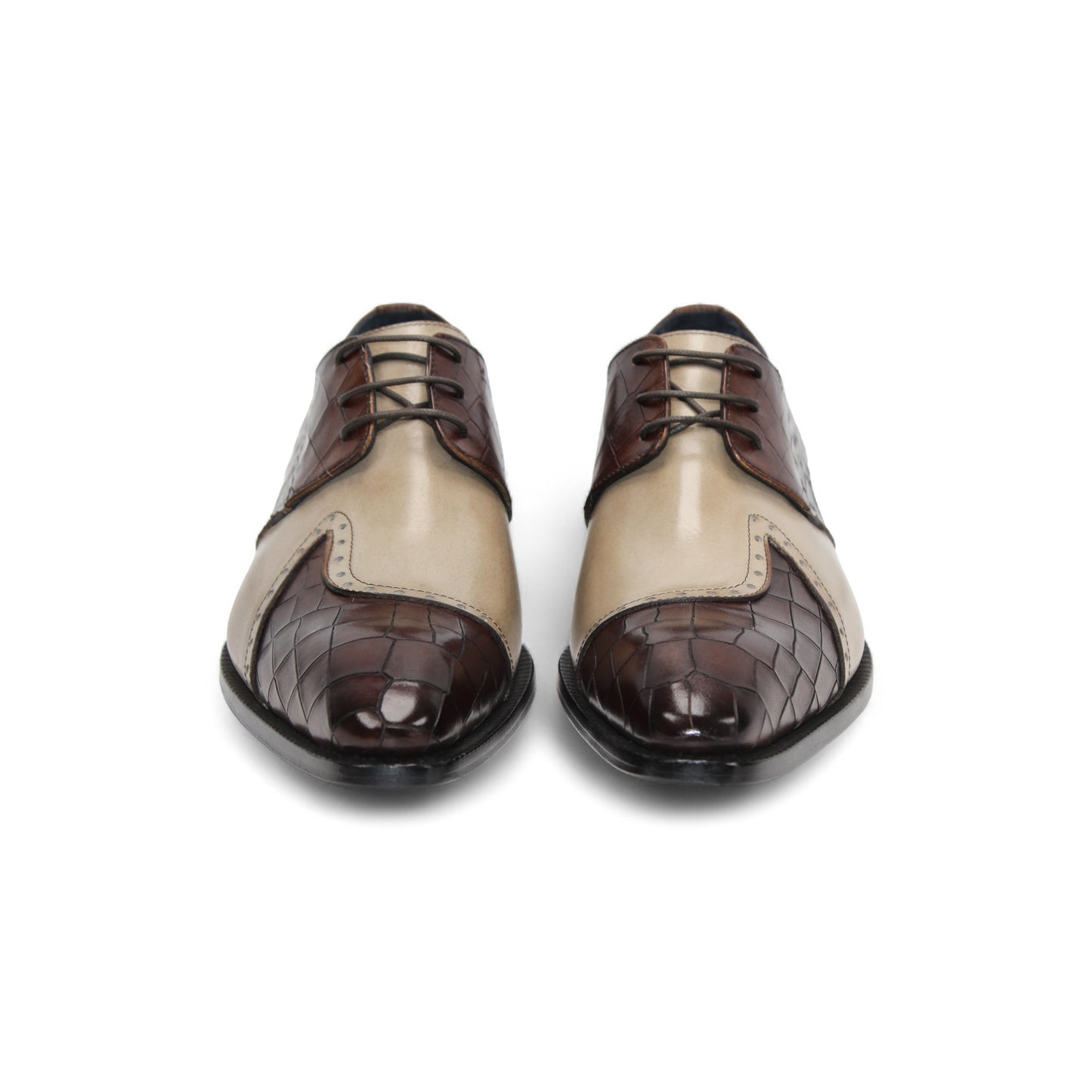 The Duca Di Matiste Duca Valentano Brown/Beige men's dress shoe features genuine leather with brown croco embossing and a beige suede panel, displayed side view on a white background.