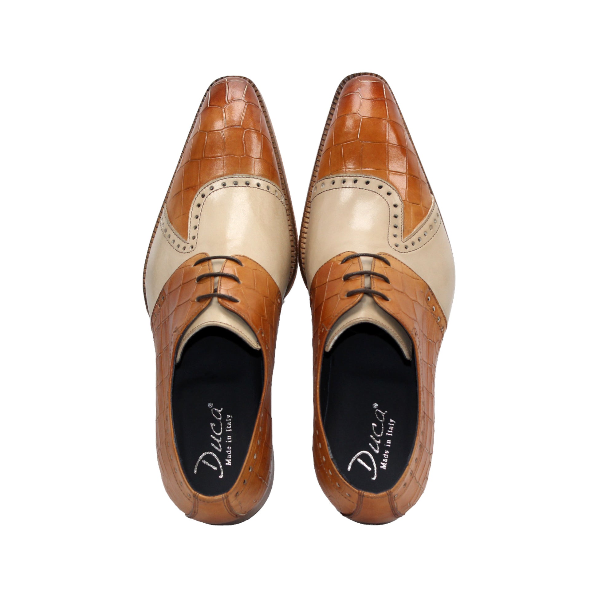 The Duca Di Matiste Duca Valentano Cognac/Beige is a genuine leather oxford with croco embossing and a wooden sole, shown against a white background.