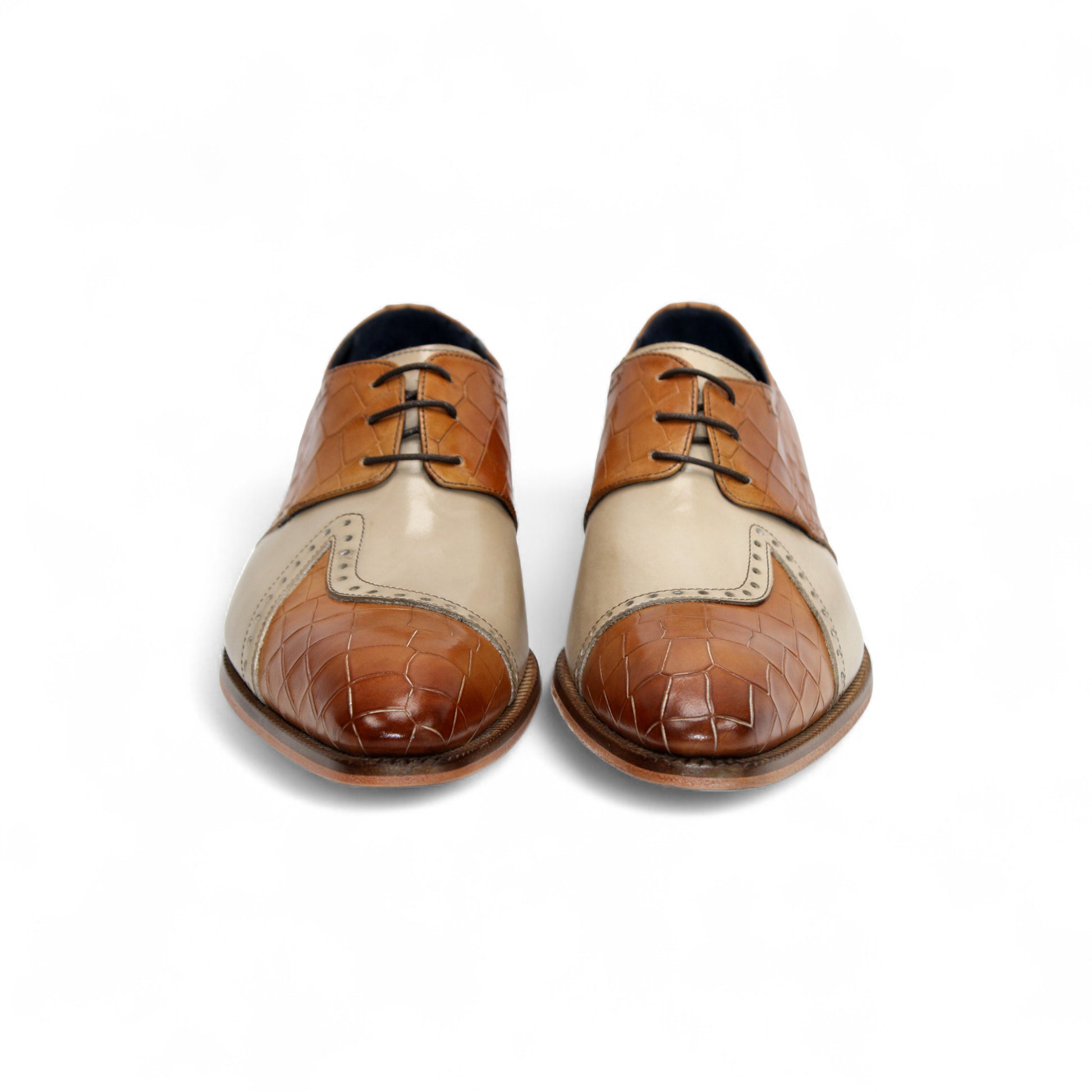 The Duca Di Matiste Valentano dress shoe, in cognac and beige croco leather with a lace-up closure and low wooden heel, is made in Italy by Duca Di Matiste and shown in a side view against a white background.