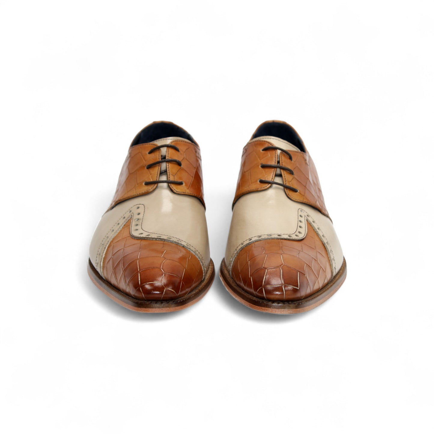 The Duca Di Matiste Duca Valentano Cognac/Beige is a genuine leather oxford with croco embossing and a wooden sole, shown against a white background.