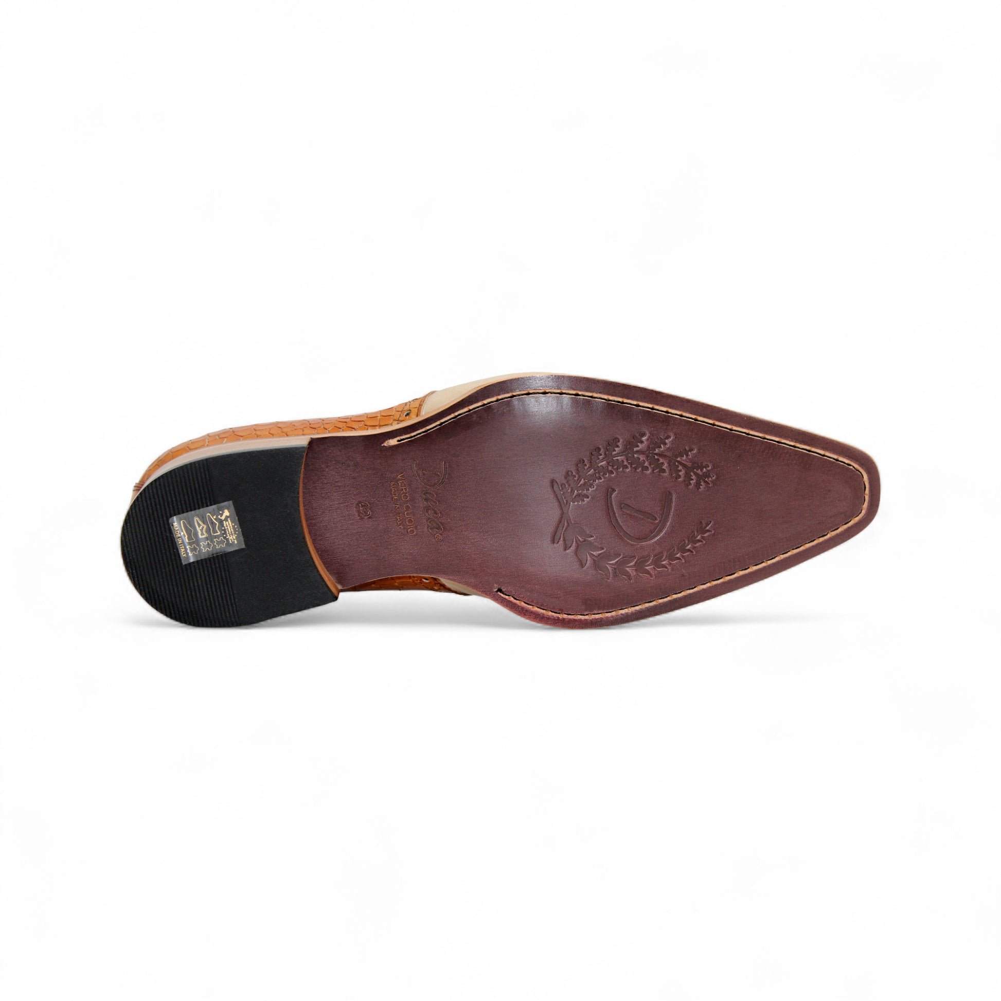 The Duca Di Matiste Valentano dress shoe, in cognac and beige croco leather with a lace-up closure and low wooden heel, is made in Italy by Duca Di Matiste and shown in a side view against a white background.