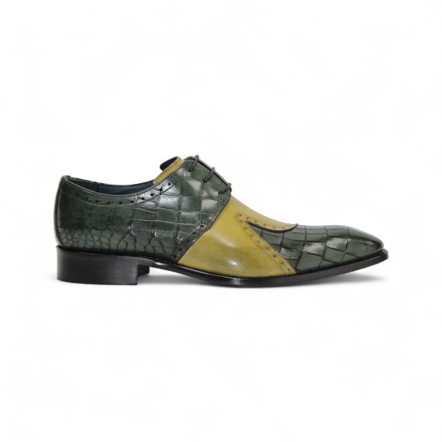 The Duca Di Matiste Duca Valentano Green/Olive is a men's dress shoe with a green and yellow croco-embossed genuine leather upper and low black heel for a textured, stylish look.