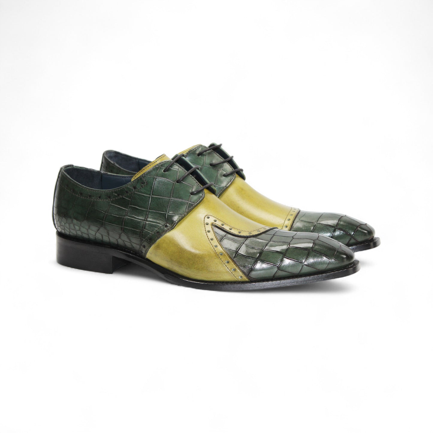 The Duca Di Matiste Duca Valentano Green/Olive is a men's dress shoe with a green and yellow croco-embossed genuine leather upper and low black heel for a textured, stylish look.