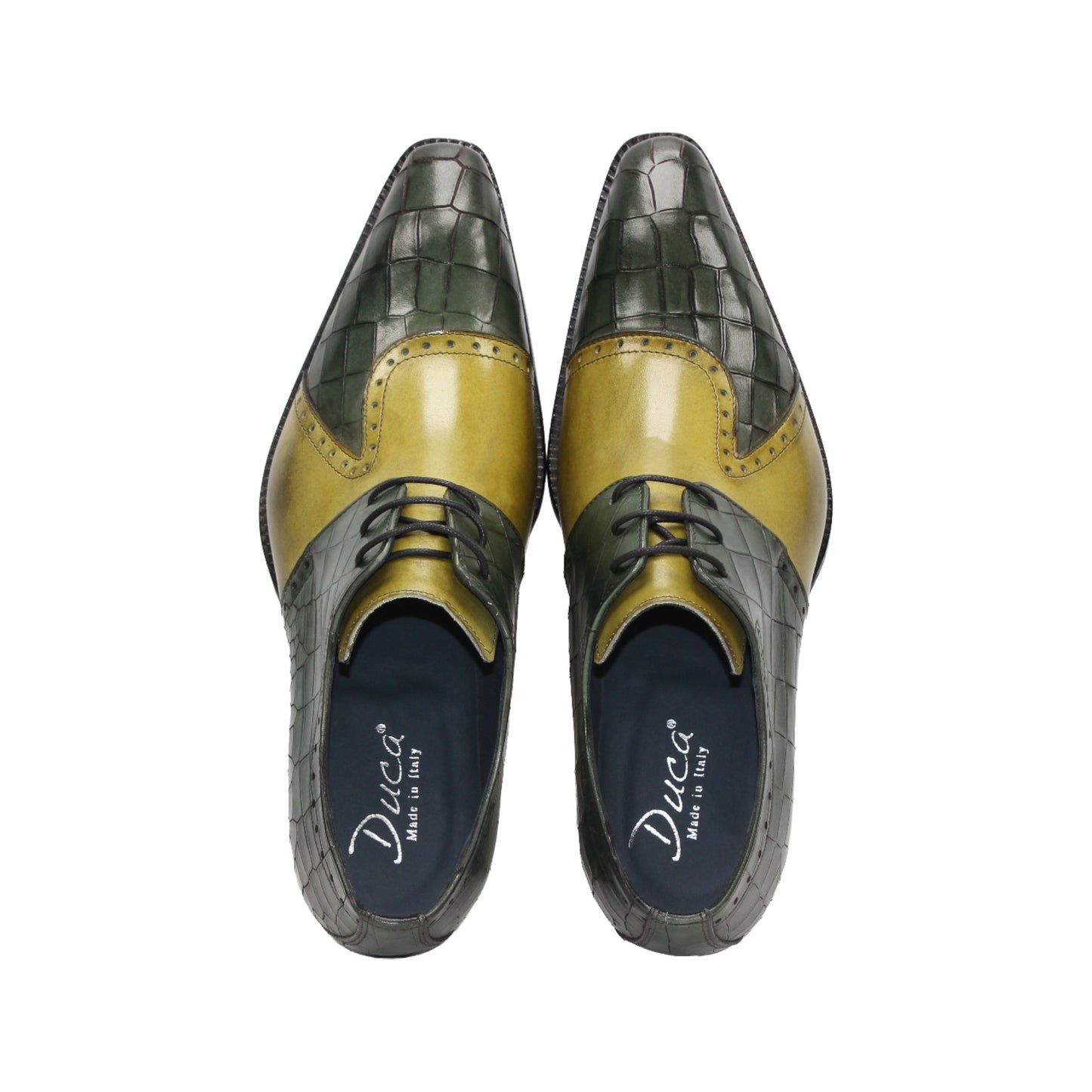 The Duca Di Matiste Duca Valentano Green/Olive is a men's dress shoe with a green and yellow croco-embossed genuine leather upper and low black heel for a textured, stylish look.