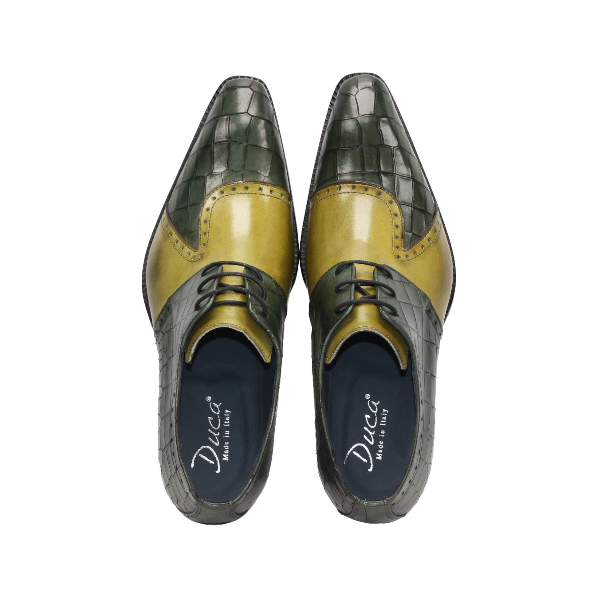 The Duca Di Matiste Duca Valentano Green/Olive is a men's dress shoe with a green and yellow croco-embossed genuine leather upper and low black heel for a textured, stylish look.
