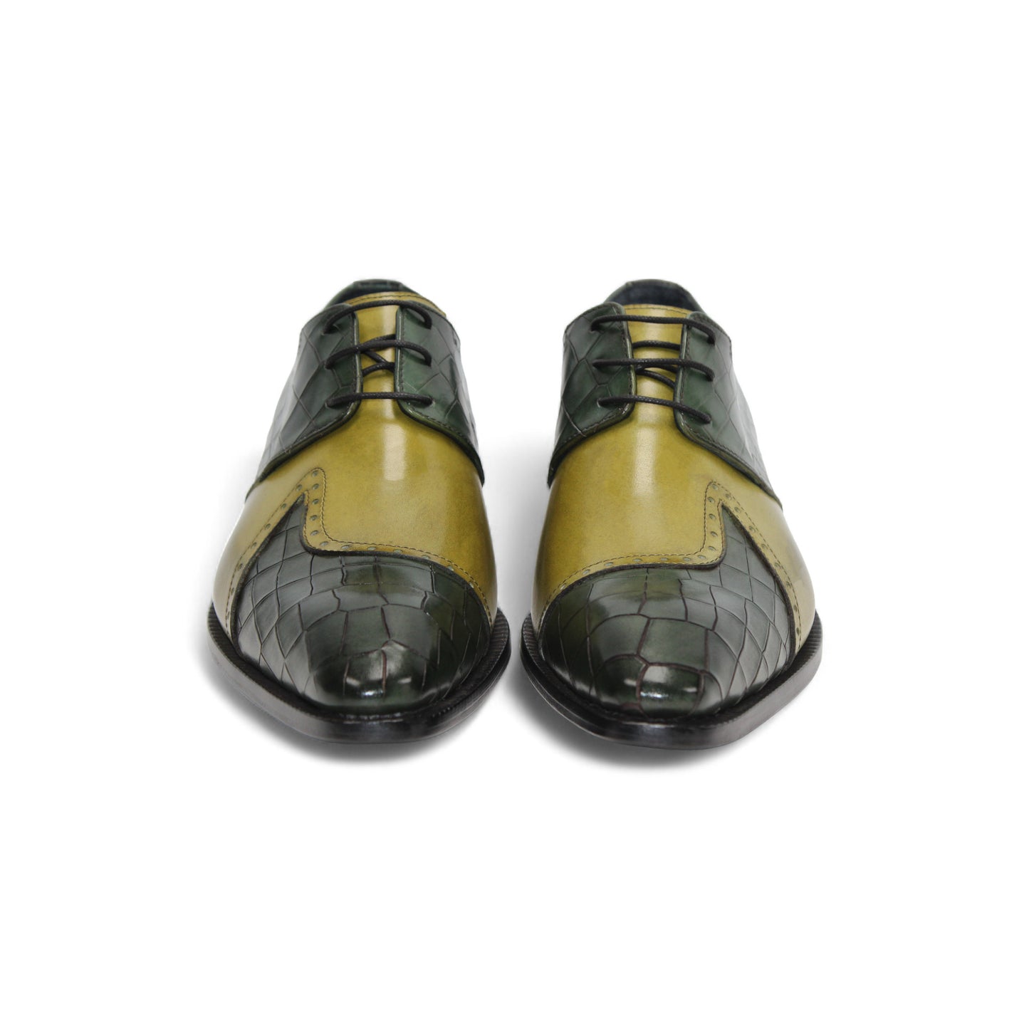 The Duca Di Matiste Duca Valentano Green/Olive is a men's dress shoe with a green and yellow croco-embossed genuine leather upper and low black heel for a textured, stylish look.