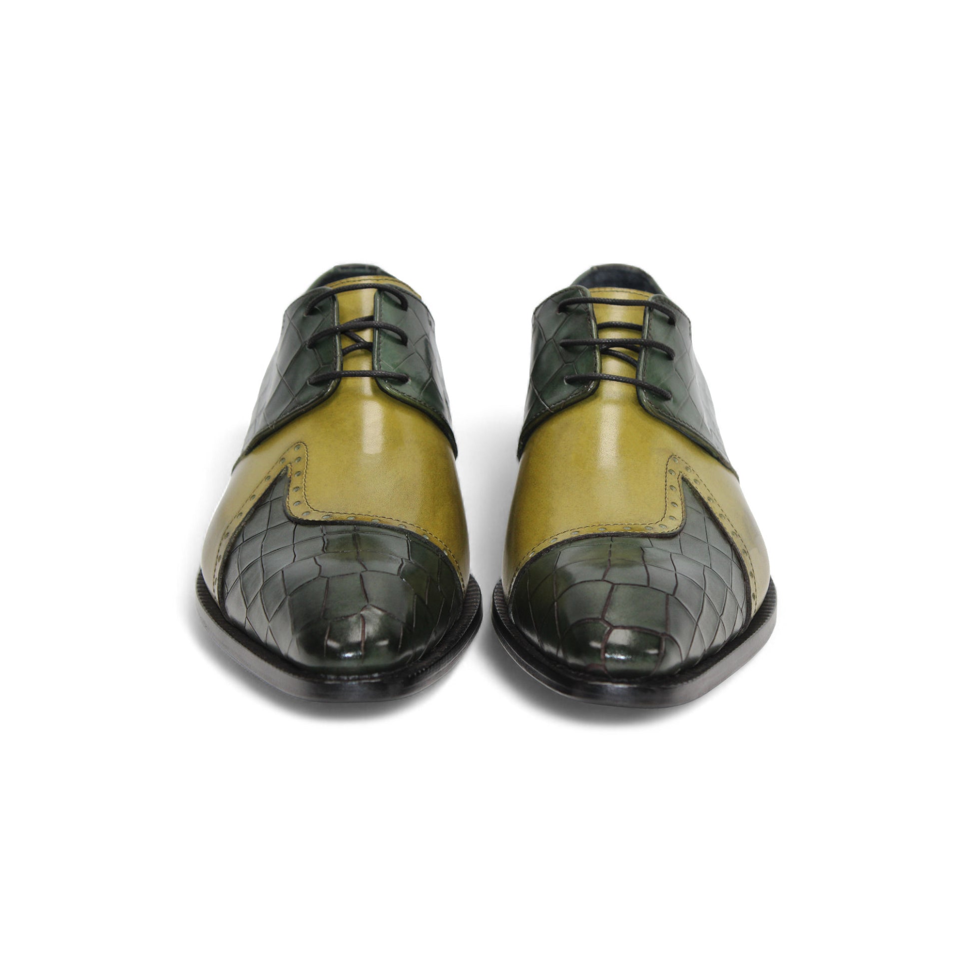 The Duca Di Matiste Duca Valentano Green/Olive is a men's dress shoe with a green and yellow croco-embossed genuine leather upper and low black heel for a textured, stylish look.