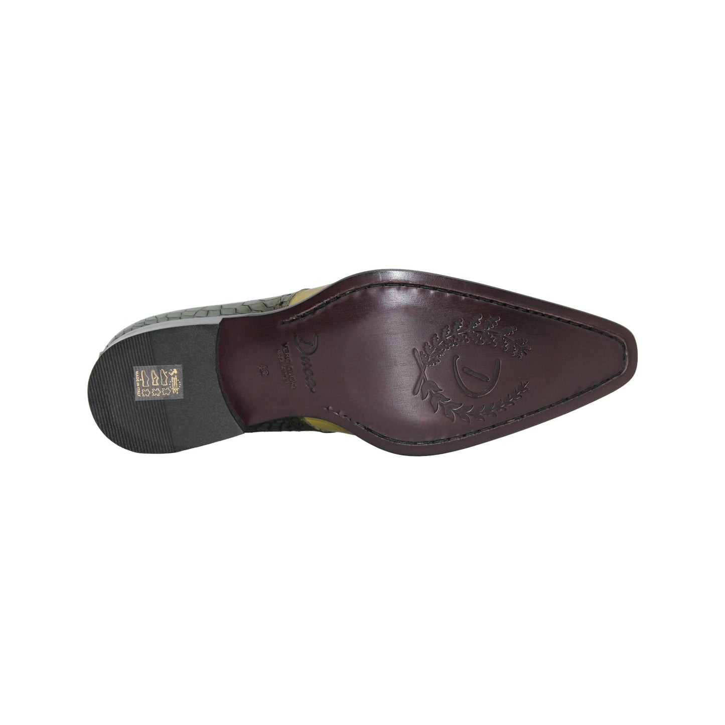 The Duca Di Matiste Duca Valentano Green/Olive is a men's dress shoe with a green and yellow croco-embossed genuine leather upper and low black heel for a textured, stylish look.