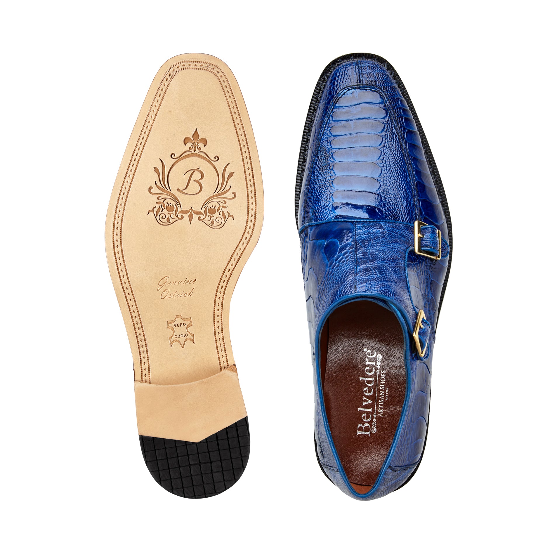 The Belvedere Valiente Double Monk Strap Dress Shoe in Antique Ocean is a stunning piece, made from genuine ostrich leather with an elegant crocodile pattern. It features double buckles and a sleek black sole, meticulously crafted with a soft leather lining. The luxurious details of this BELVEDERE design are beautifully displayed on a white background.