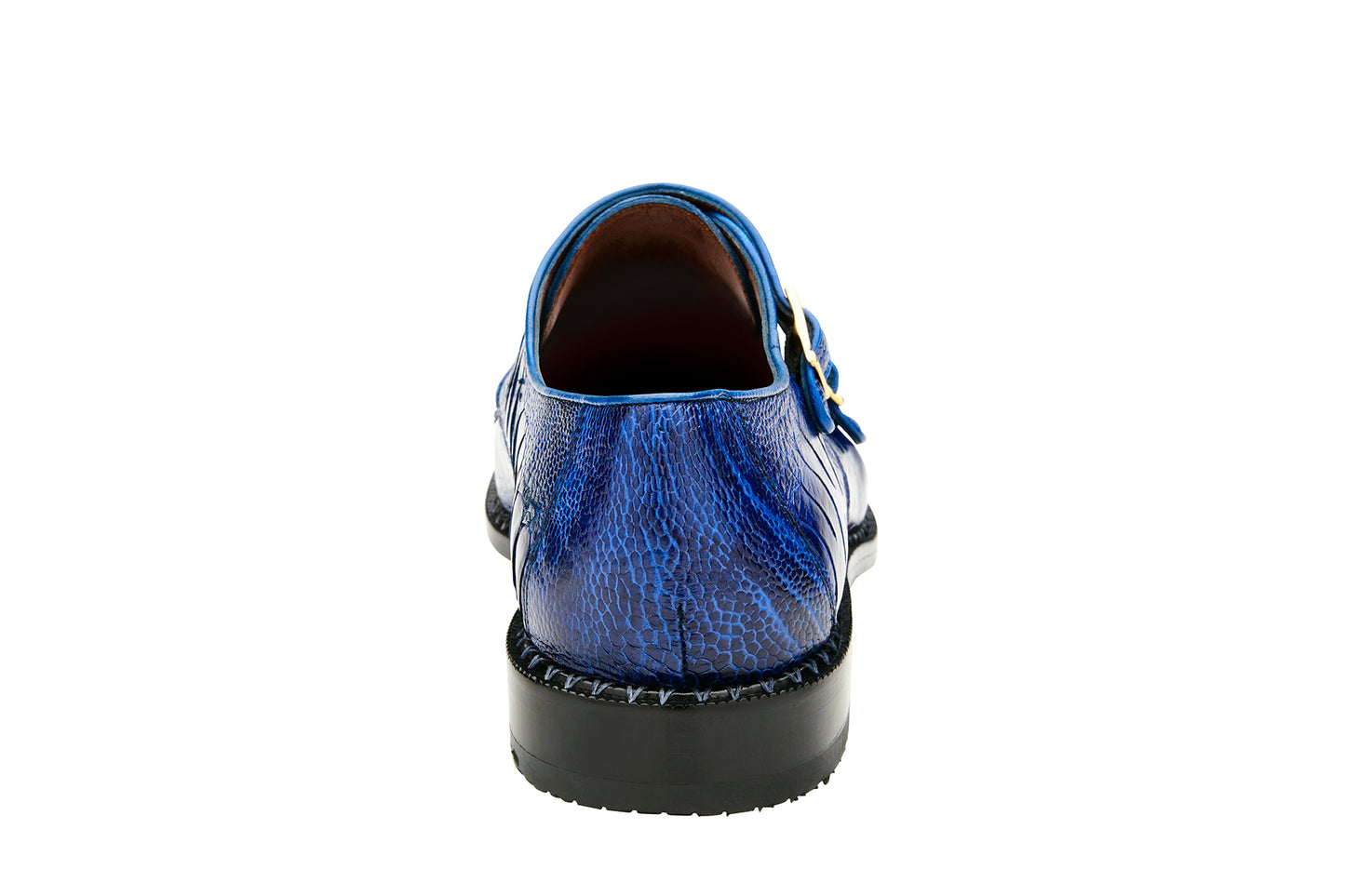 The Belvedere Valiente Double Monk Strap Dress Shoe in Antique Ocean is a stunning piece, made from genuine ostrich leather with an elegant crocodile pattern. It features double buckles and a sleek black sole, meticulously crafted with a soft leather lining. The luxurious details of this BELVEDERE design are beautifully displayed on a white background.