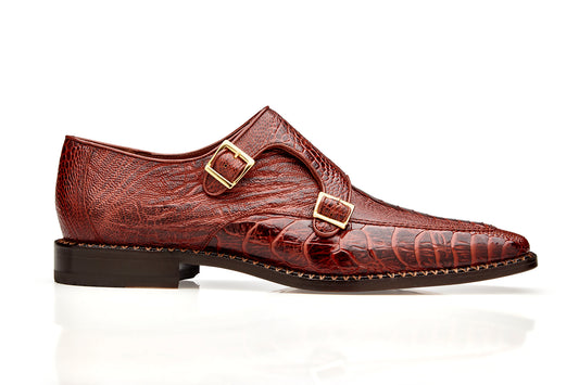 Belvedere - Valiente genuine ostrich double monk strap dress shoe in antique rust, beautifully showcased against a white background.