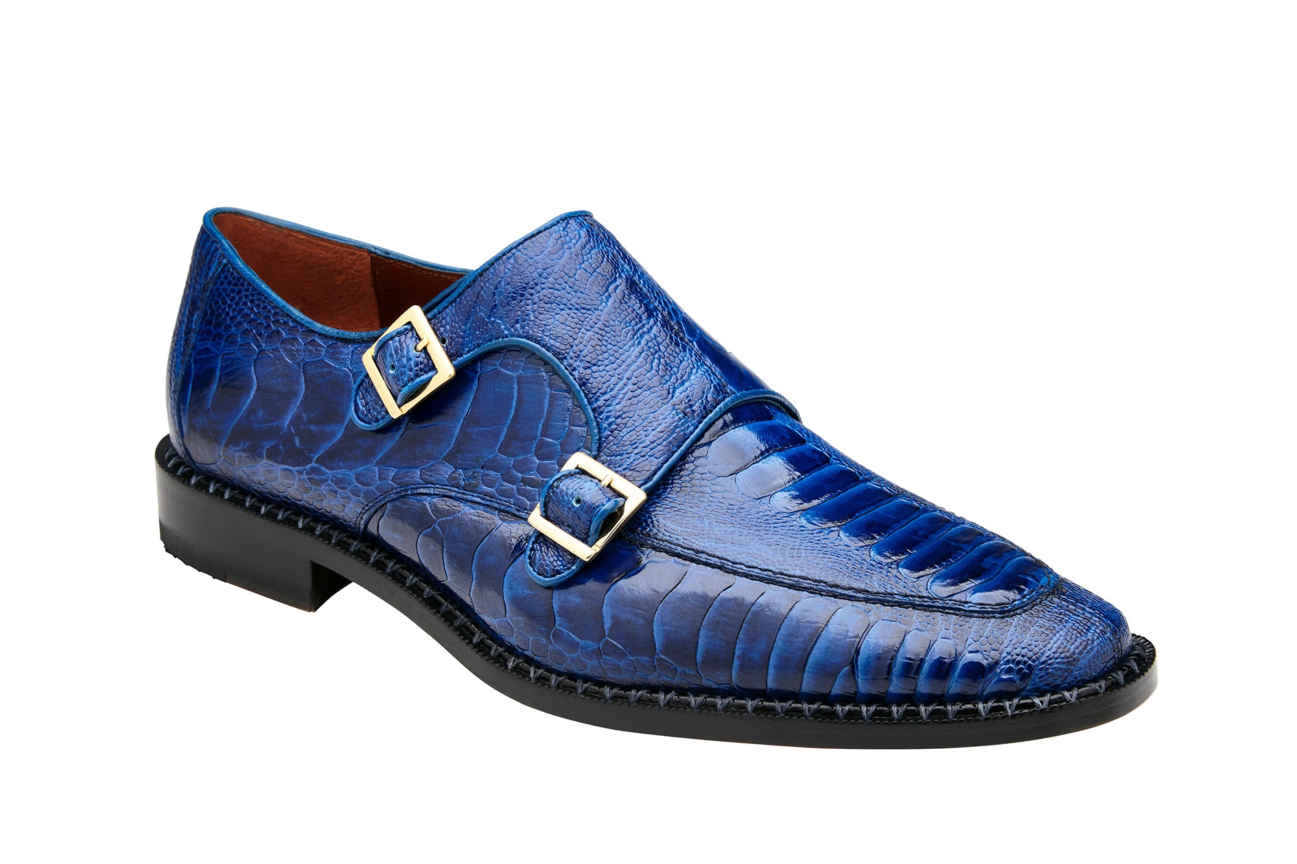 The Belvedere Valiente Double Monk Strap Dress Shoe in Antique Ocean is a stunning piece, made from genuine ostrich leather with an elegant crocodile pattern. It features double buckles and a sleek black sole, meticulously crafted with a soft leather lining. The luxurious details of this BELVEDERE design are beautifully displayed on a white background.