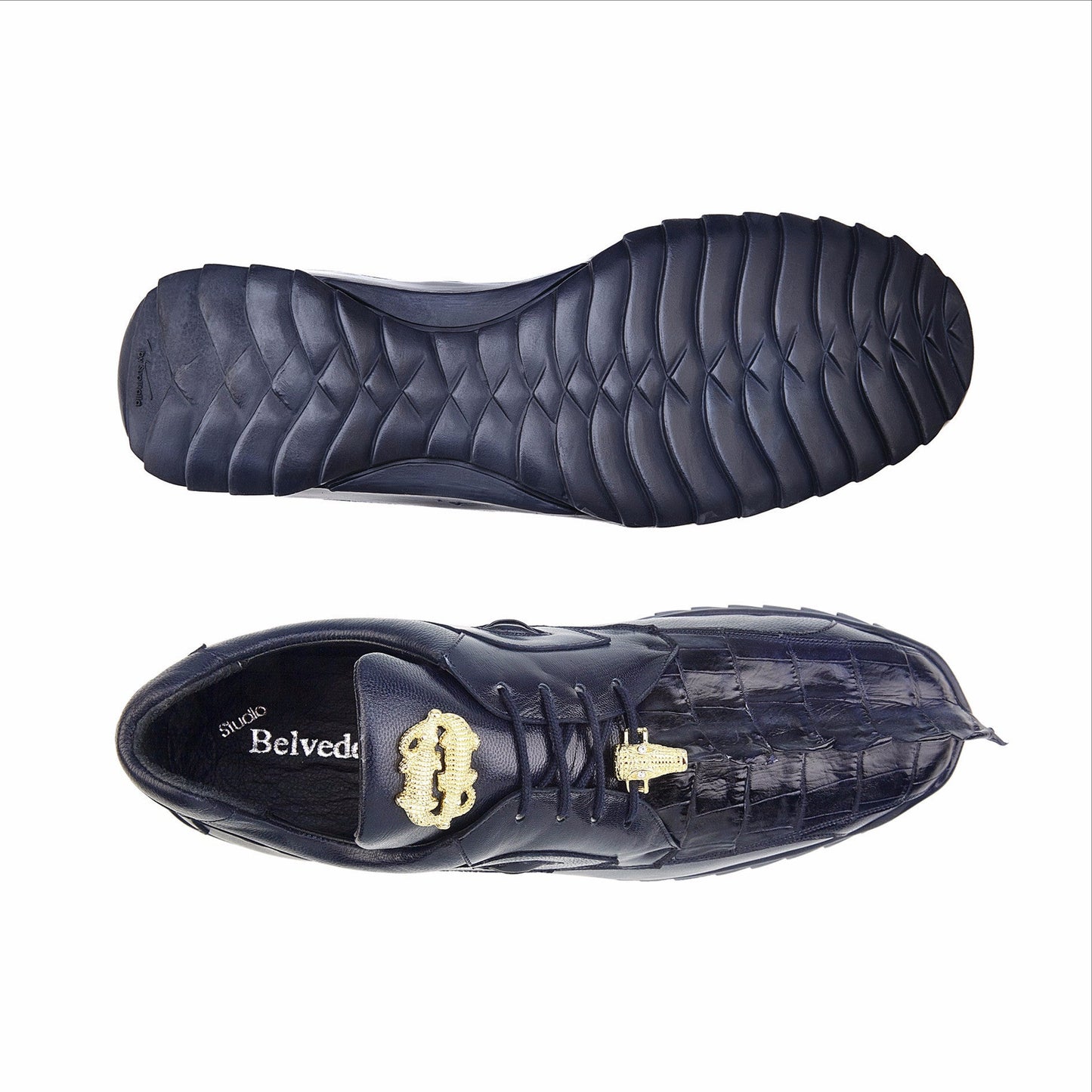 The BELVEDERE Vasco is a navy shoe crafted from genuine Hornback and soft Italian calf leather, featuring textured panels, a faux eye, gold accents, and a cushioned insole for comfort.