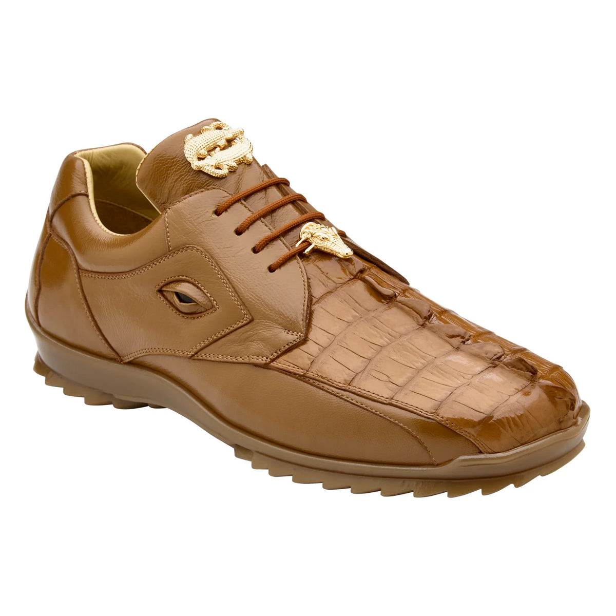 Belvedere - Vasco, Genuine Hornback/Soft Italian Calf Sneaker - Saddle - 336122 in tan with a textured toe, gold-tone accents, cushion insole, and a lugged rubber sole.