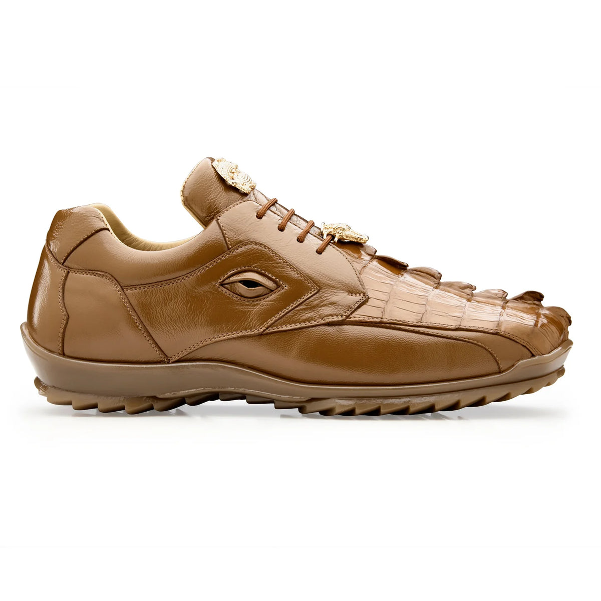 Belvedere - Vasco, Genuine Hornback/Soft Italian Calf Sneaker - Saddle - 336122 in tan with a textured toe, gold-tone accents, cushion insole, and a lugged rubber sole.