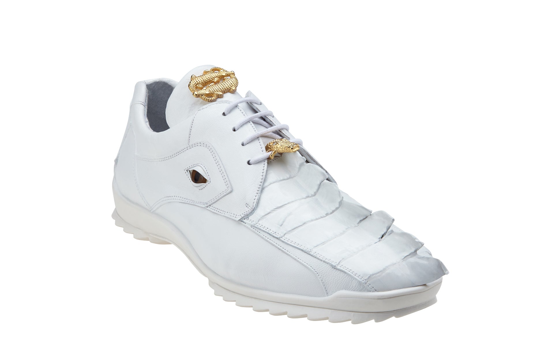 The BELVEDERE Belvedere - Vasco sneaker in white features sculpted toe detailing, gold-colored lace accents, and a comfortable soft leather lining. Made from genuine hornback and soft Italian calf leather.
